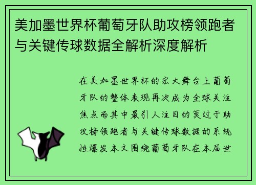 美加墨世界杯葡萄牙队助攻榜领跑者与关键传球数据全解析深度解析